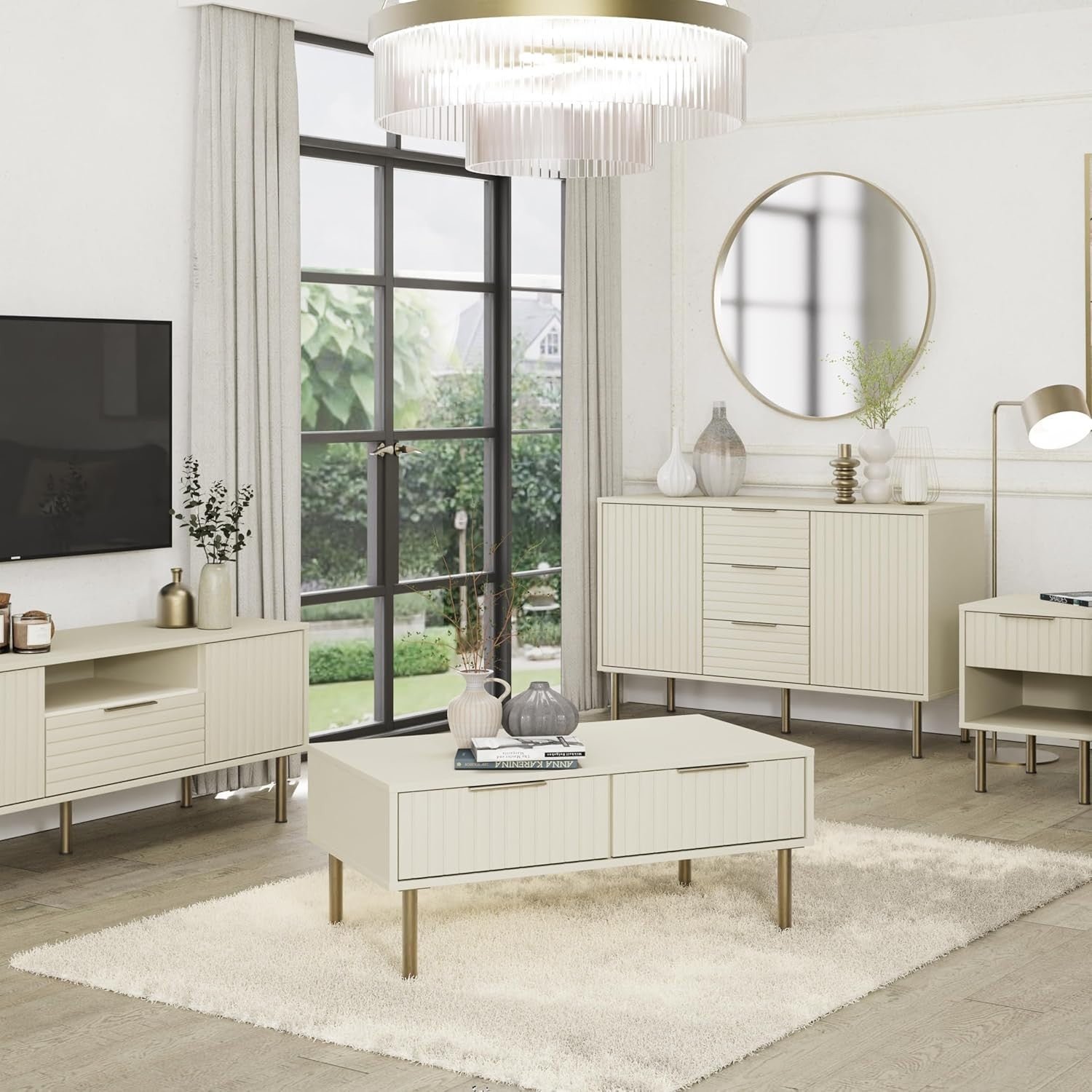 Ivory Sideboard Cabinet with Shutter Doors 3 Drawers Modern Storage Unit