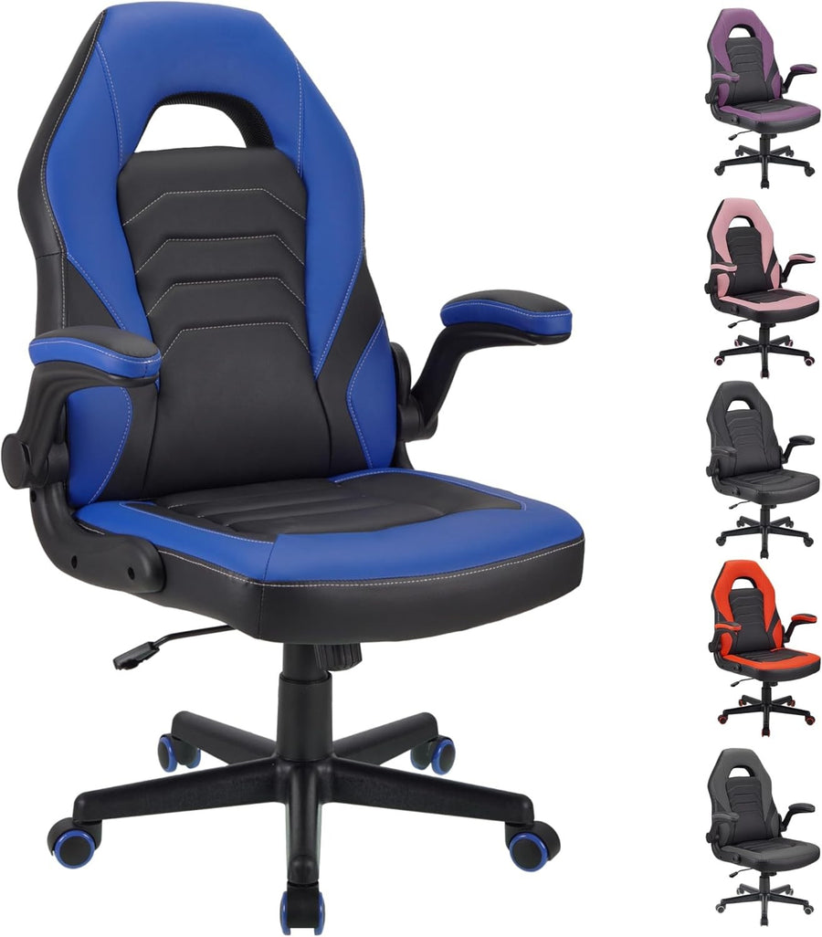 Ergonomic Gaming Chair Flip-Up Arms Faux Leather Swivel Blue