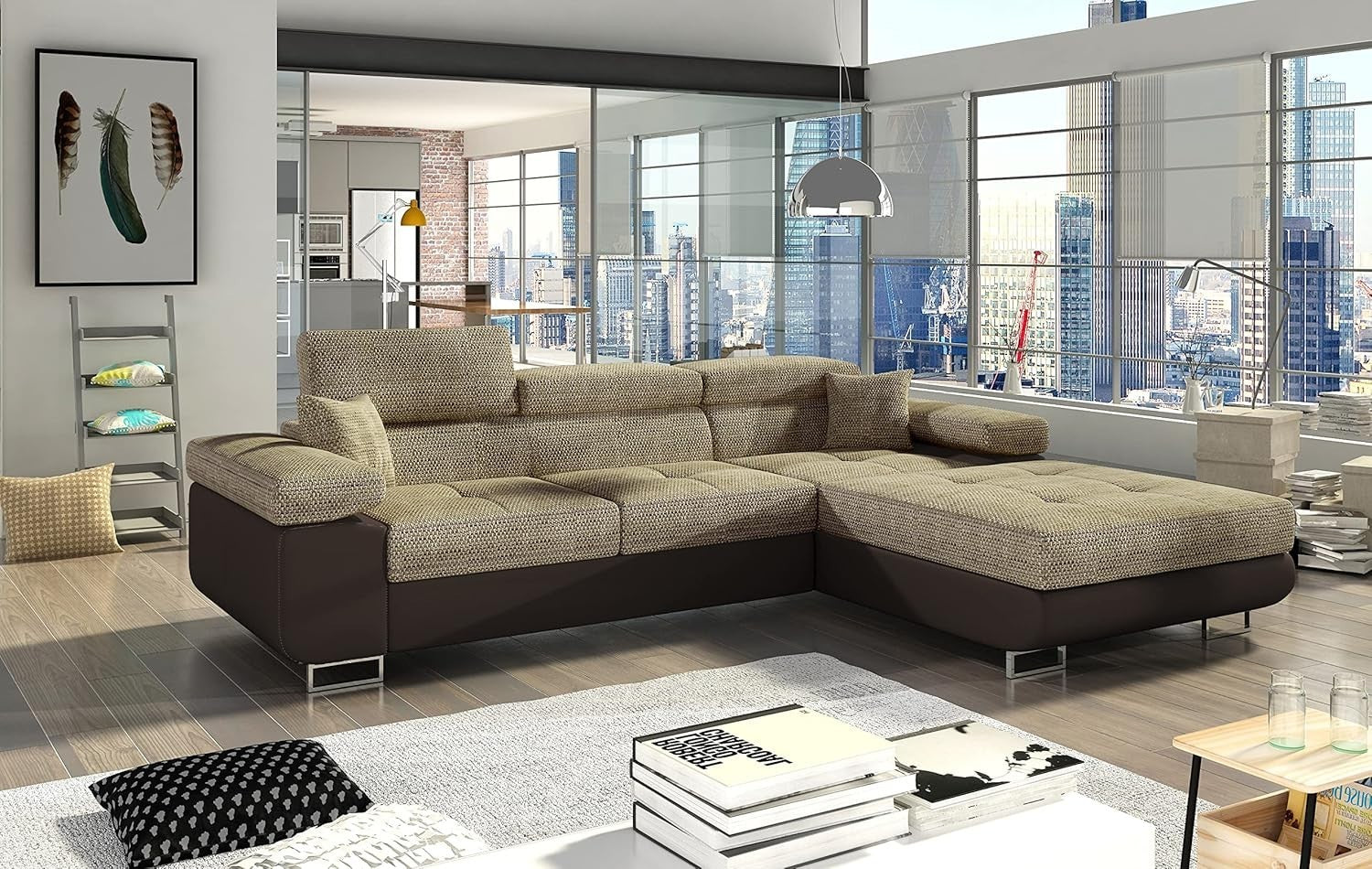 3-Seater L-Shape Corner Sofa Bed – Microfiber, Modern Beige & Brown Design
