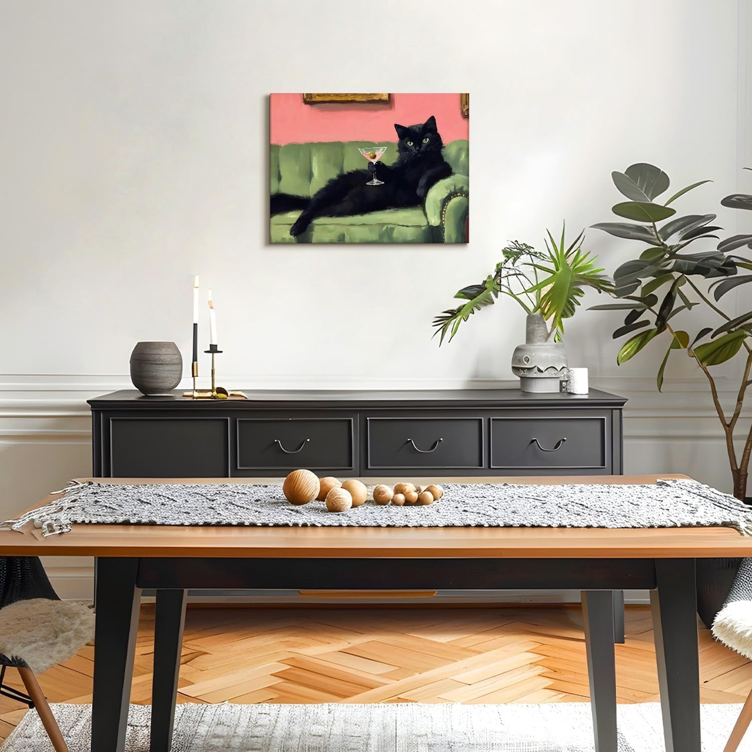 Funny Black Cat Wall Art 12x16in Framed Martini Home Decor Print