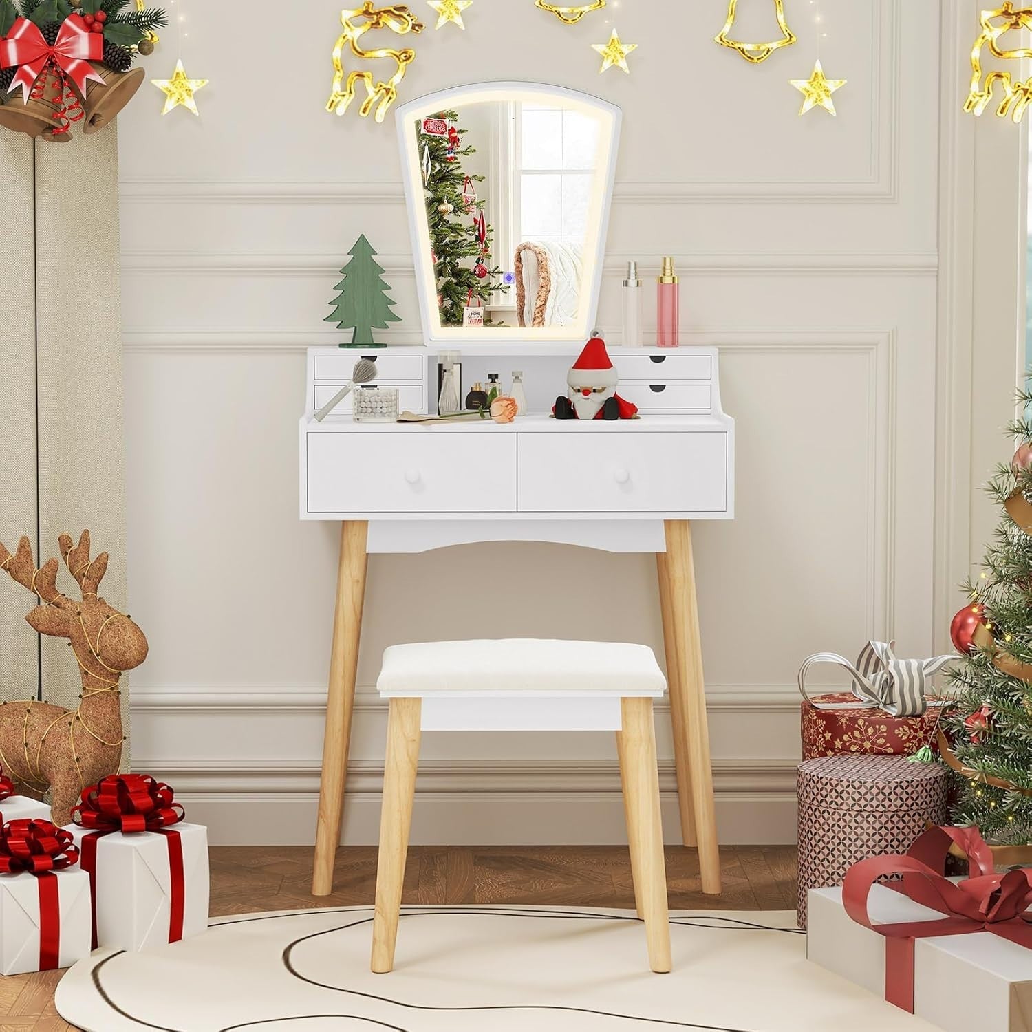 White Vanity Dressing Table Set w/ 3-Color LED Mirror, 6 Drawers & Stool