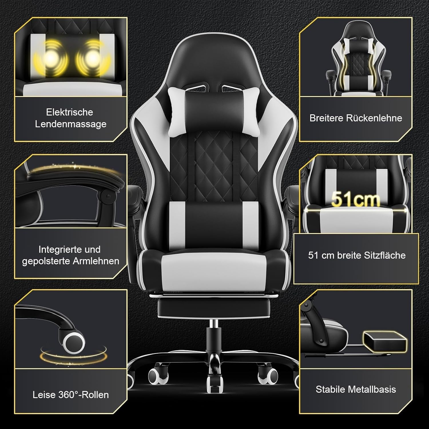 Gaming Chair with Massage Lumbar Recliner Footrest 150kg White