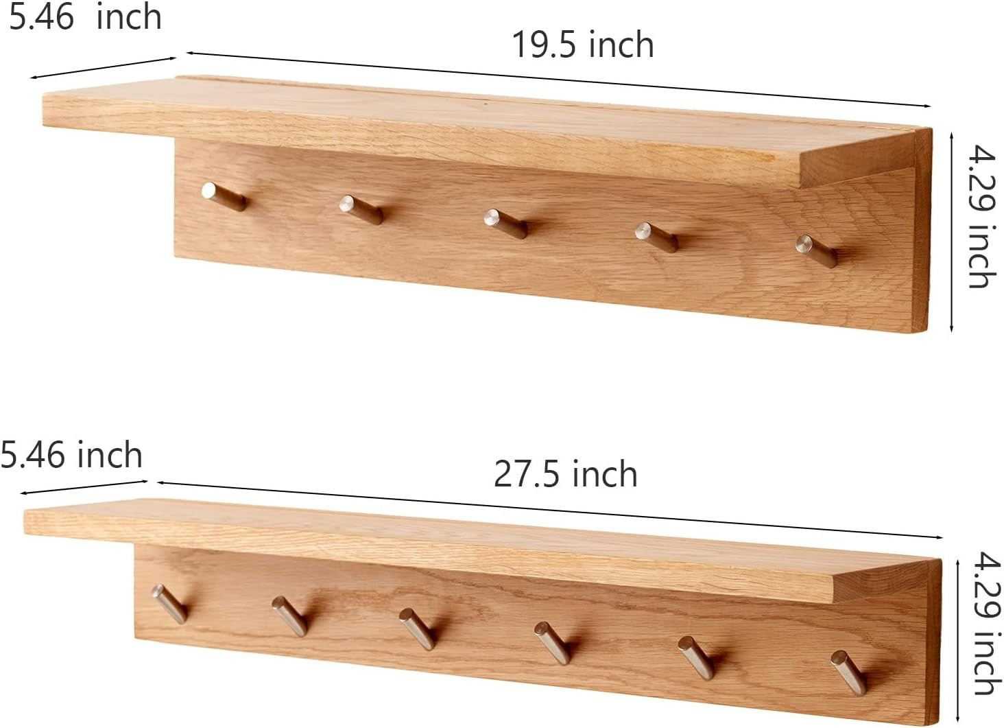20in Oak Wood Wall Shelf with Hooks Entryway Coat Rack Floating Hat Towel Rail