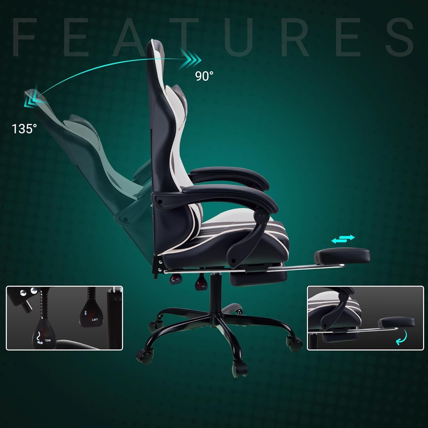 Ergonomic Gaming Chair with Footrest & Lumbar Support – White PC Seat