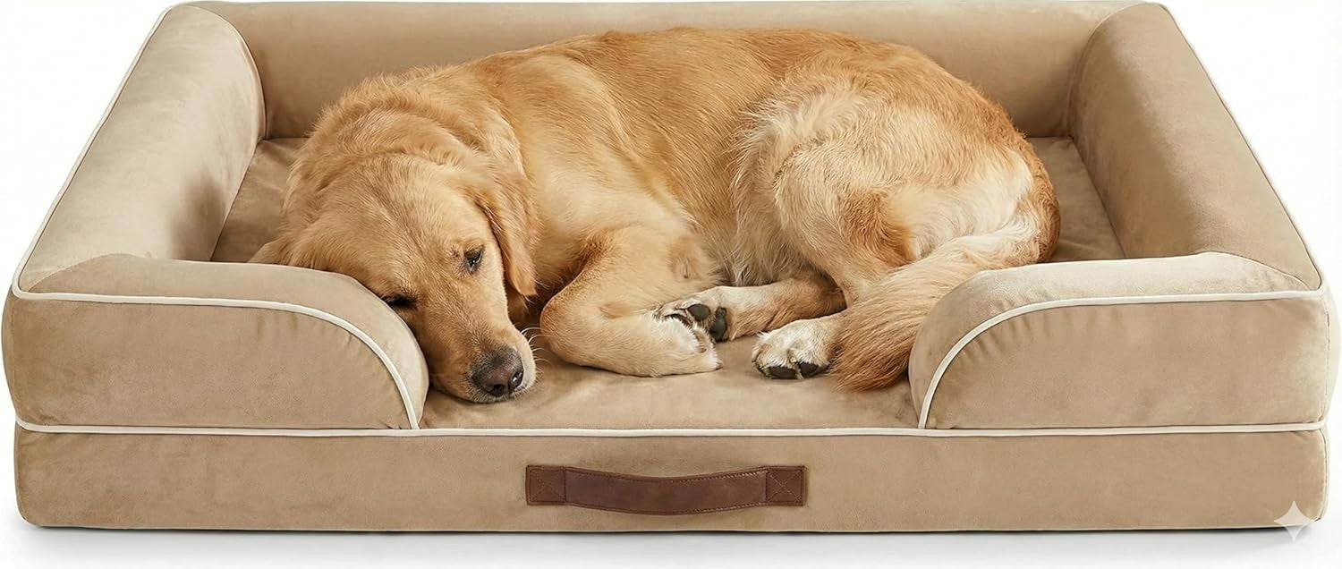 Large Orthopedic Memory Foam Dog Bed Washable Sofa U-Shape Bolster Khaki