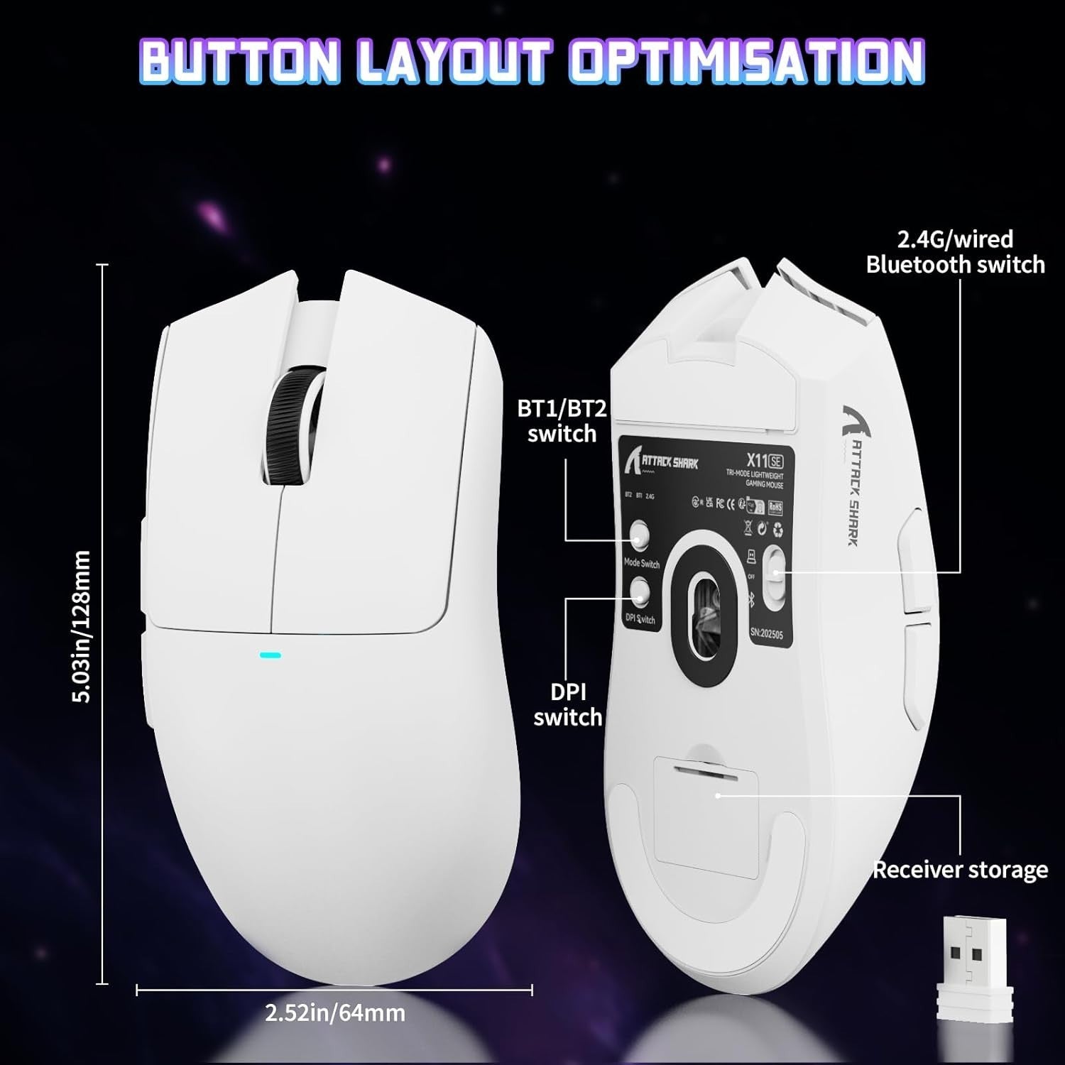 White Gaming Mouse 22K DPI 63g Ultra-Light Tri-Mode 1000Hz