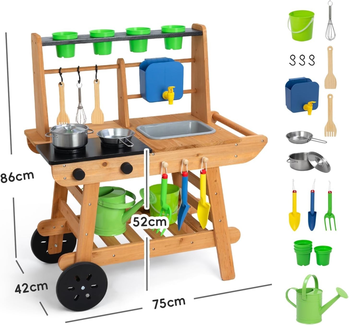 Wooden Mud Kitchen for Kids Outdoor Playset w/ Wheels Sink Stove