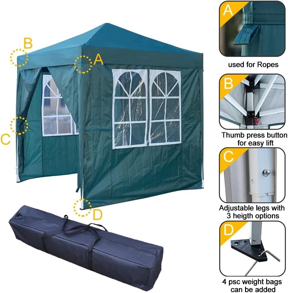 2x2m Green Pop-Up Gazebo Marquee Tent with 4 Polyester Sidewalls Garden Canopy