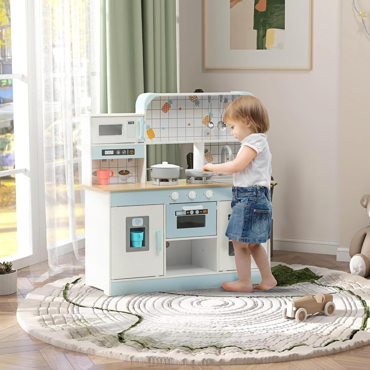 Kids Wooden Play Kitchen w/ Lights Sounds Coffee Maker White