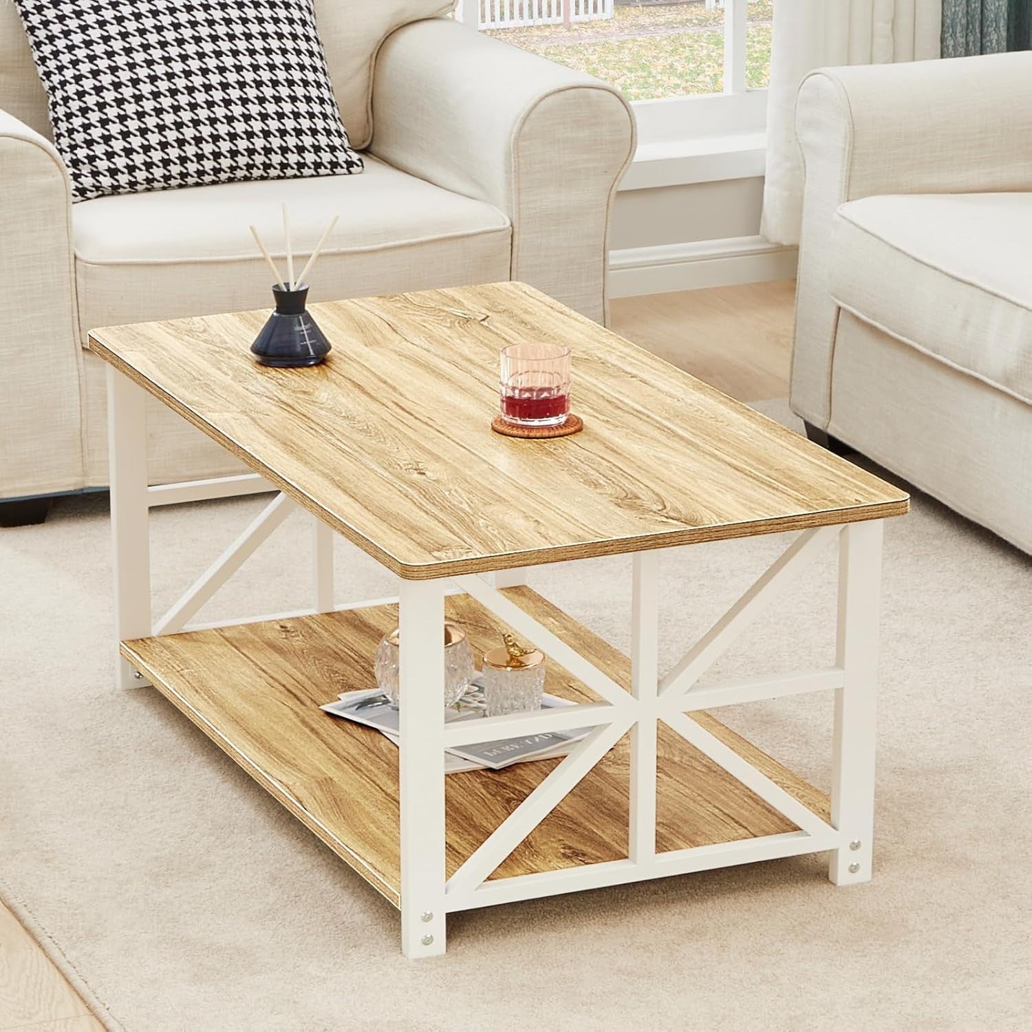 2-Tier Beige Coffee Table with X-Frame, Rounded Corners, 100cm Storage