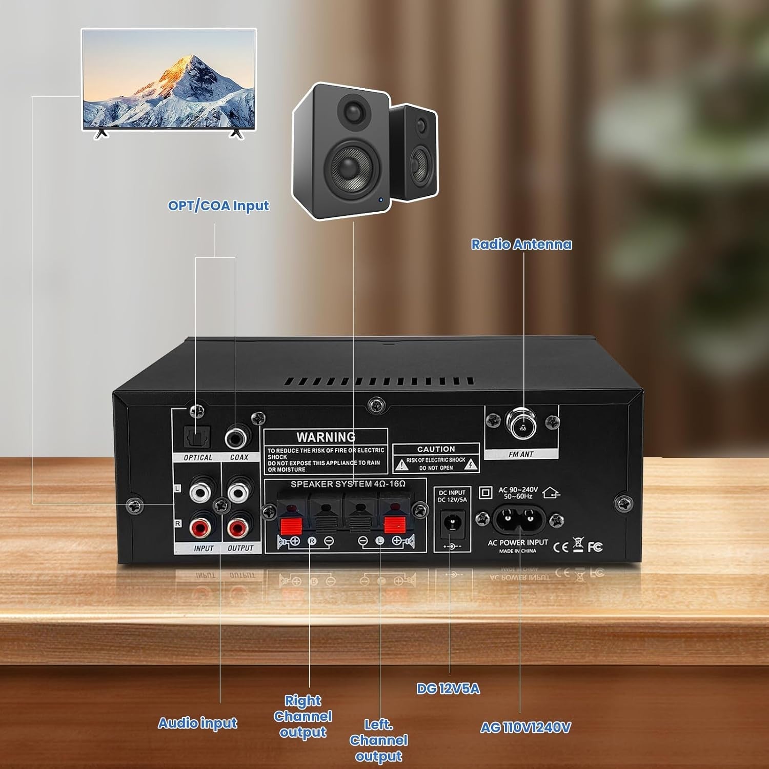 1000W Bluetooth 5.3 Stereo Amplifier 2 Channel HiFi USB FM MIC