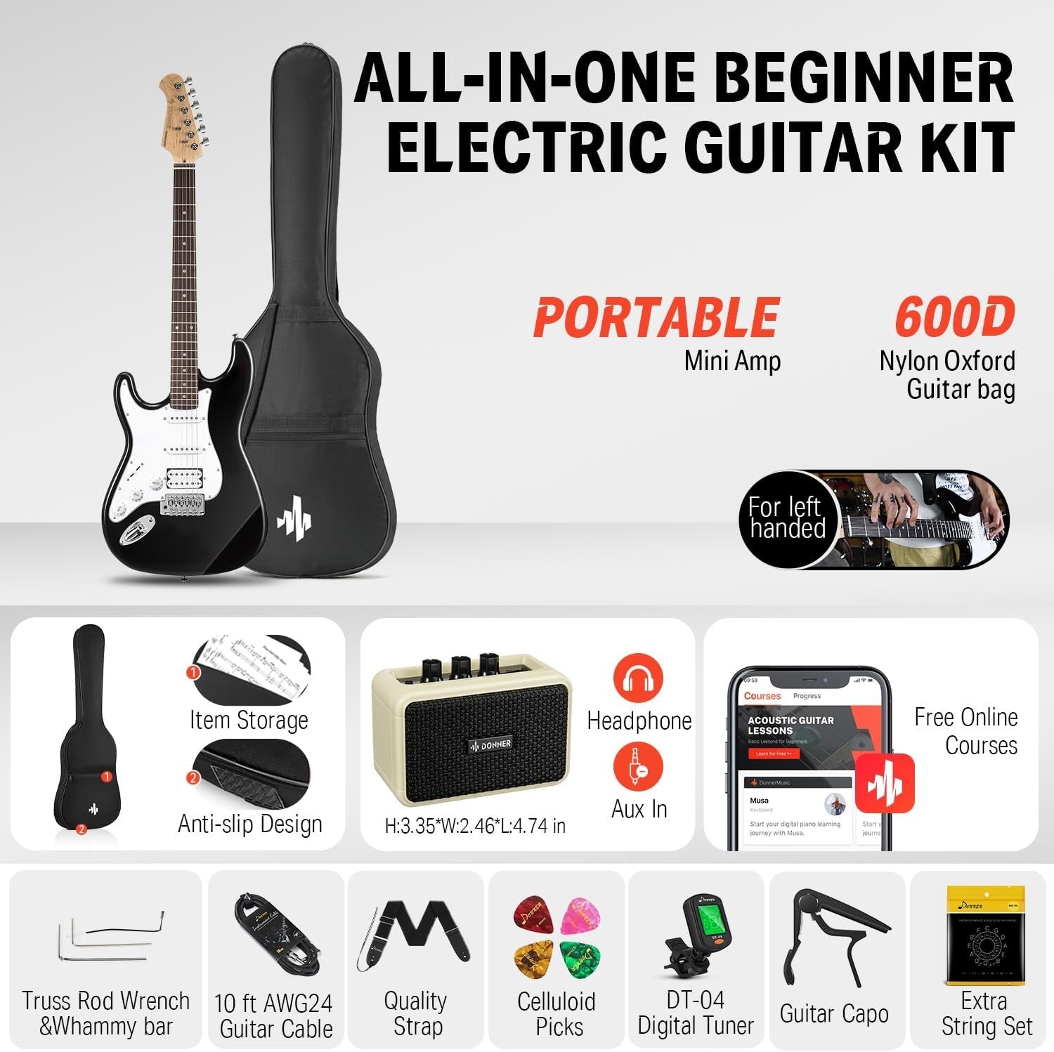 Left Handed Electric Guitar Kit Full Size 39" Black w Amp & Bag