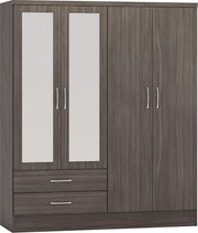 Modern 4 Door 2 Drawer Black Wood Grain Wardrobe with Mirror & Storage