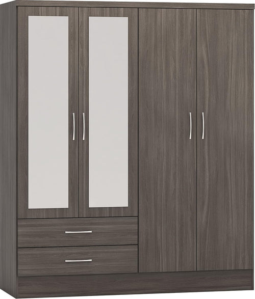 Modern 4 Door 2 Drawer Black Wood Grain Wardrobe with Mirror & Storage