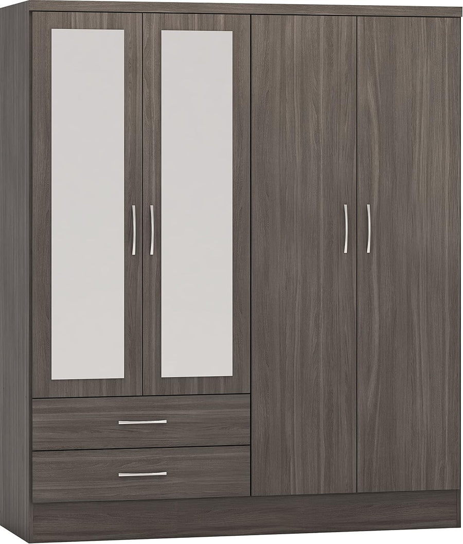 Modern 4 Door 2 Drawer Black Wood Grain Wardrobe with Mirror & Storage