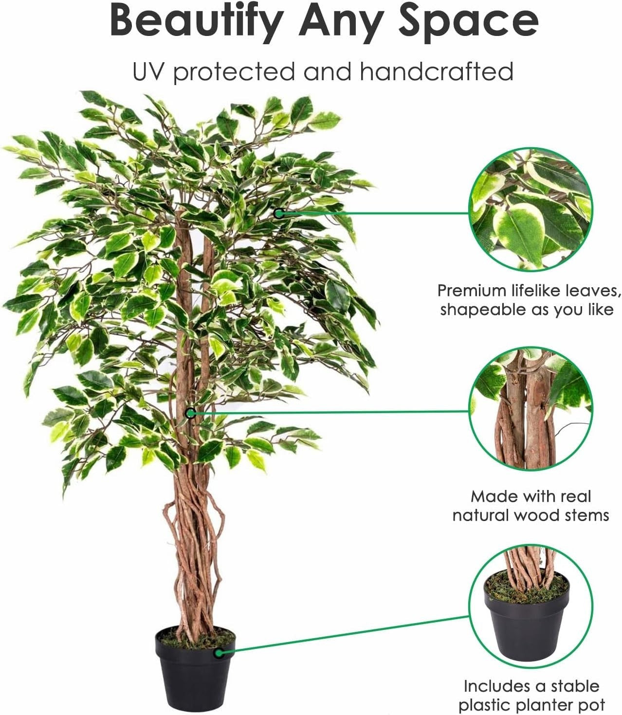 4ft Variegated Ficus Tree Real Wood Trunk Lifelike Indoor Artificial Plant Decor
