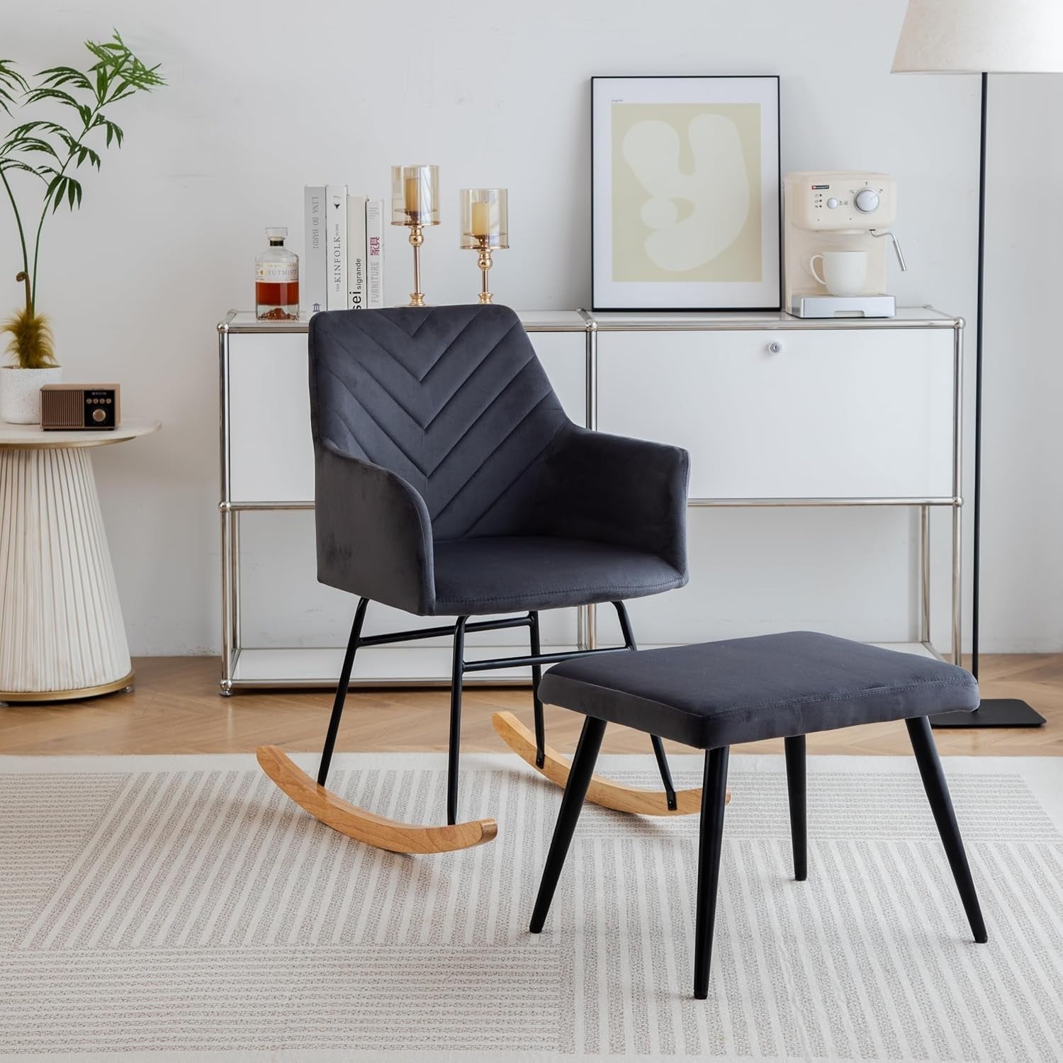 Rocking Armchair with Footstool Soft Padded Recliner Chair for Lounge