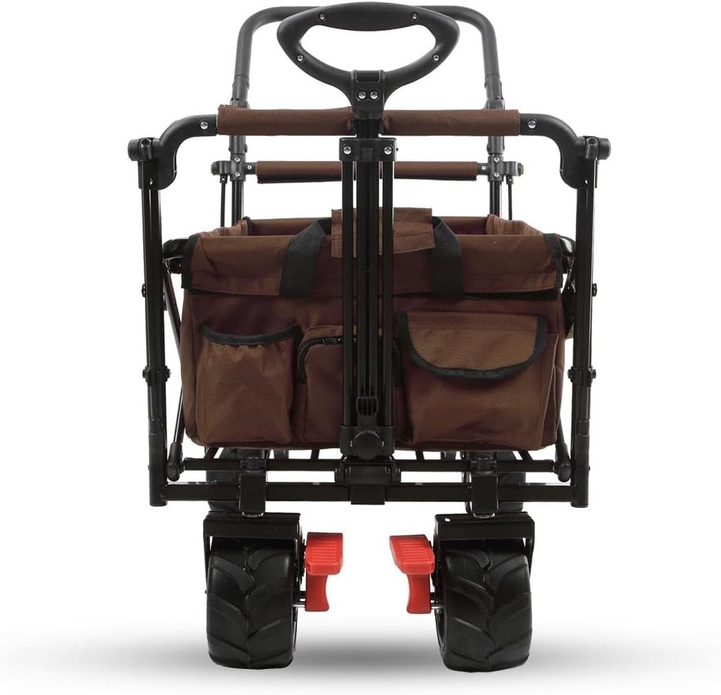Brown Beach Wagon Foldable Cart w/ Roof Extra-Wide Wheels Push Handle & Brake