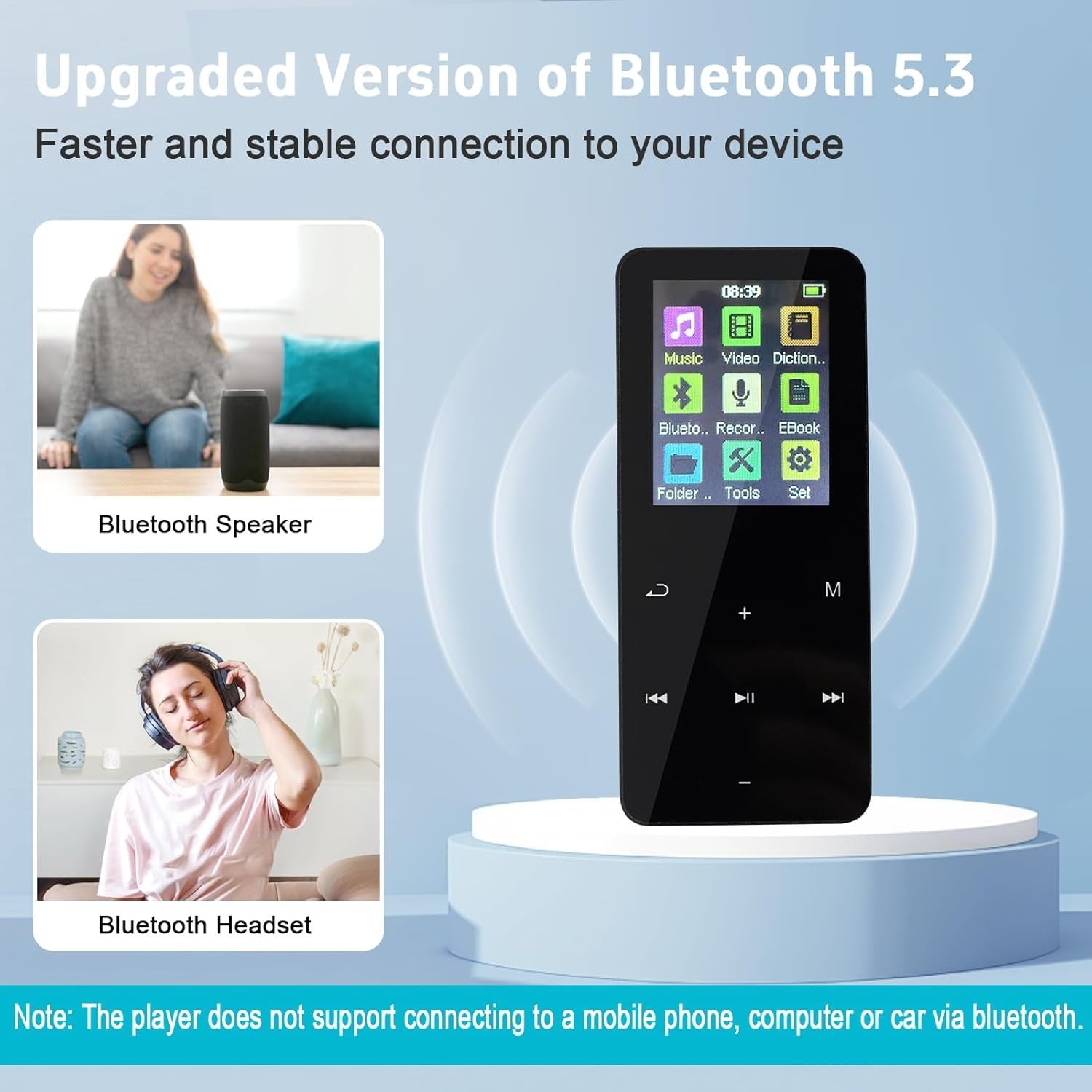 Portable MP3 Player with Bluetooth 5.3, HD Speaker & Voice Recorder – Black