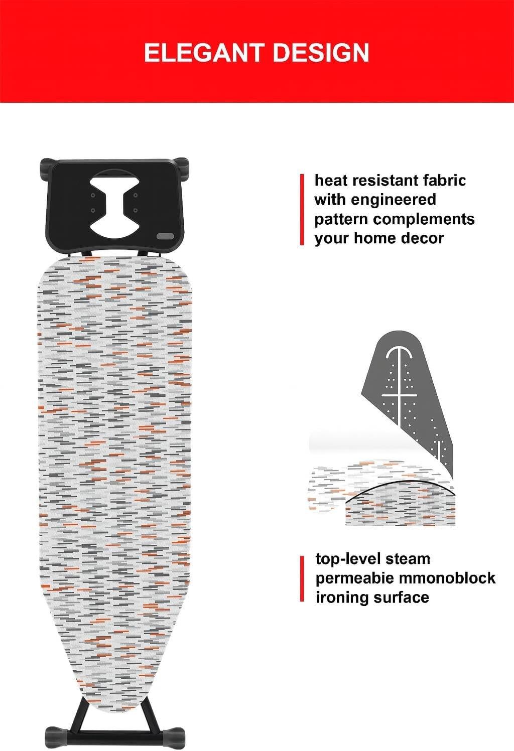 Ironing Board 36x112cm Adjustable Height Grey Orange Steam Rest Folding