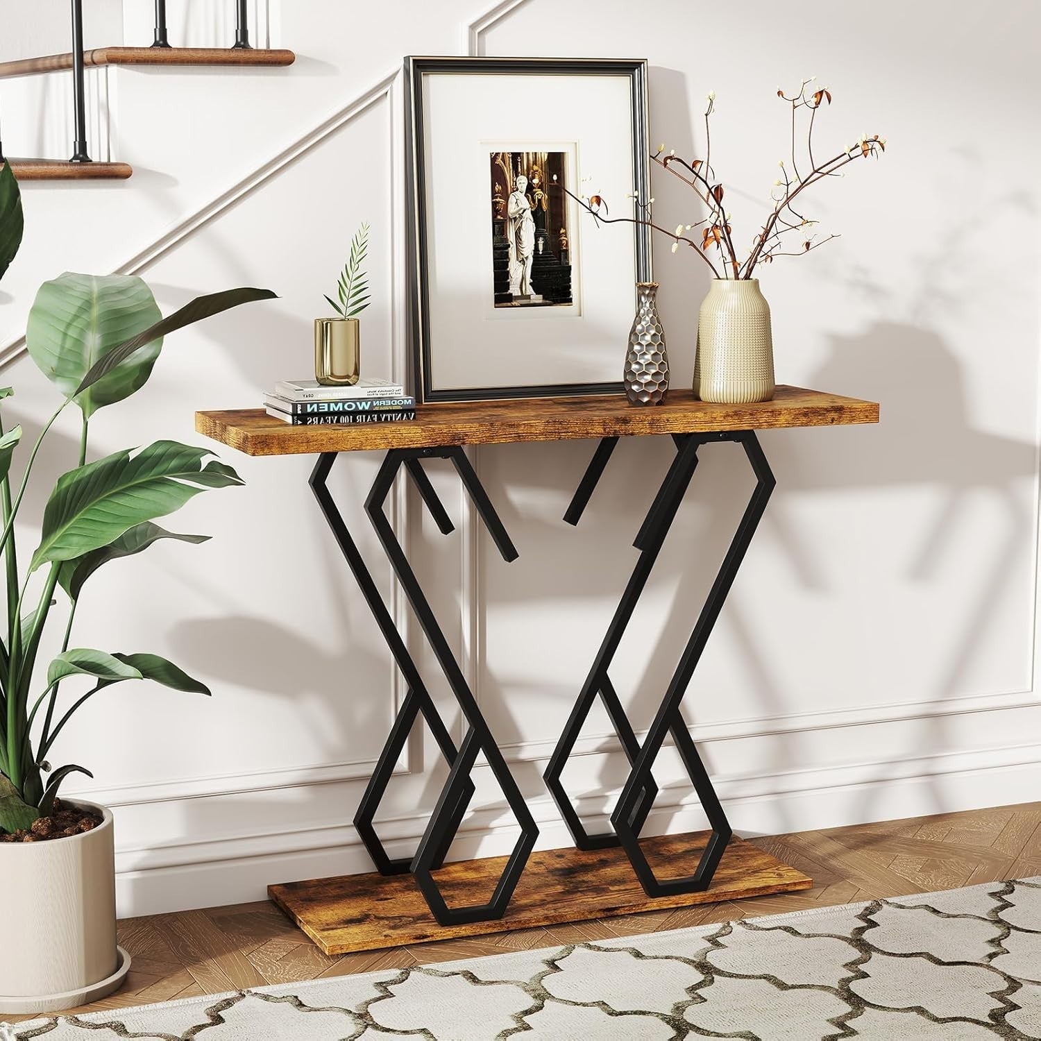 Slim Rustic Console Table Narrow Hallway Desk 100cm Metal Frame Modern