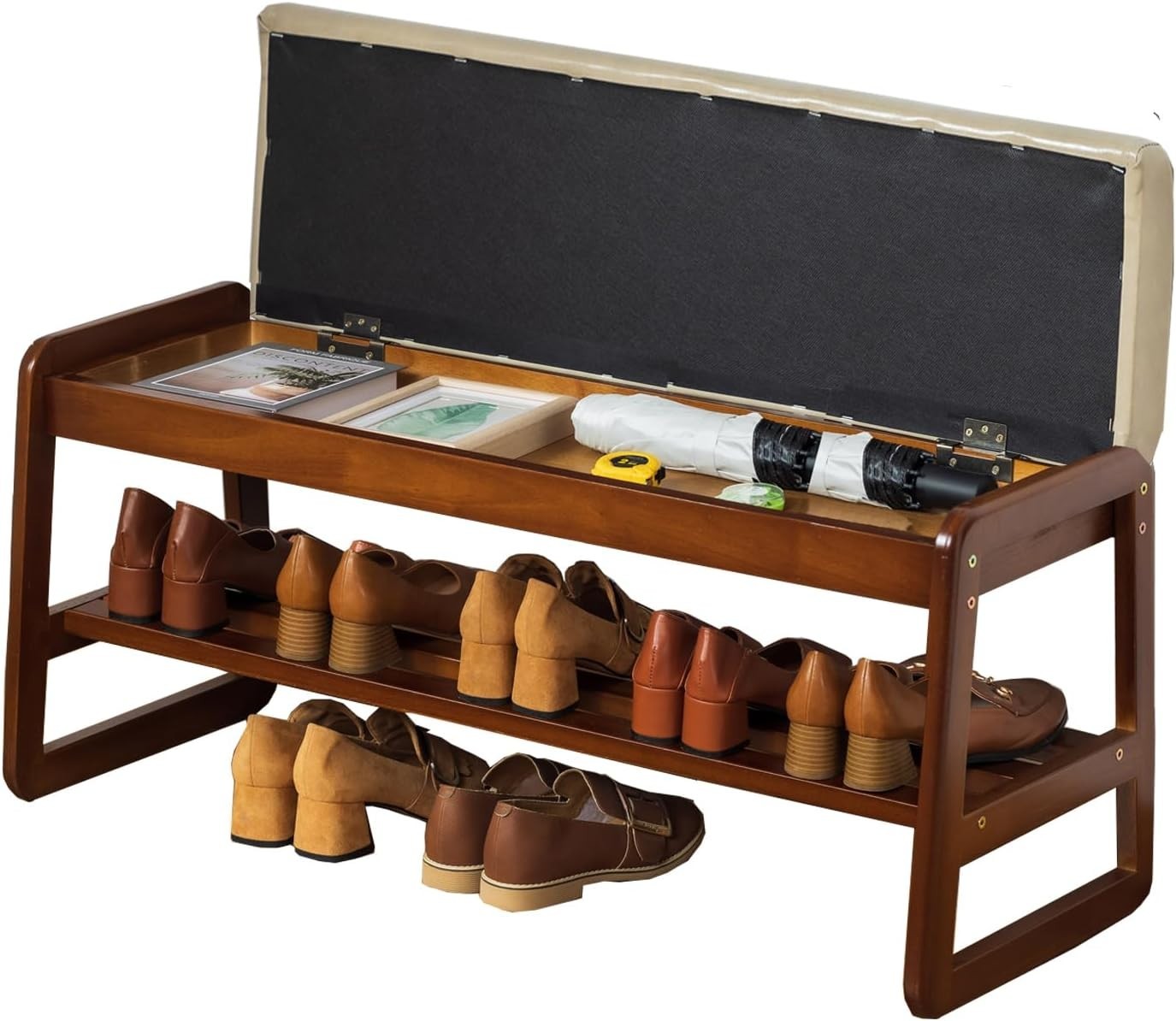 Modern Grey Solid Wood Shoe Bench with Cushion & Flip-Top Storage Seat