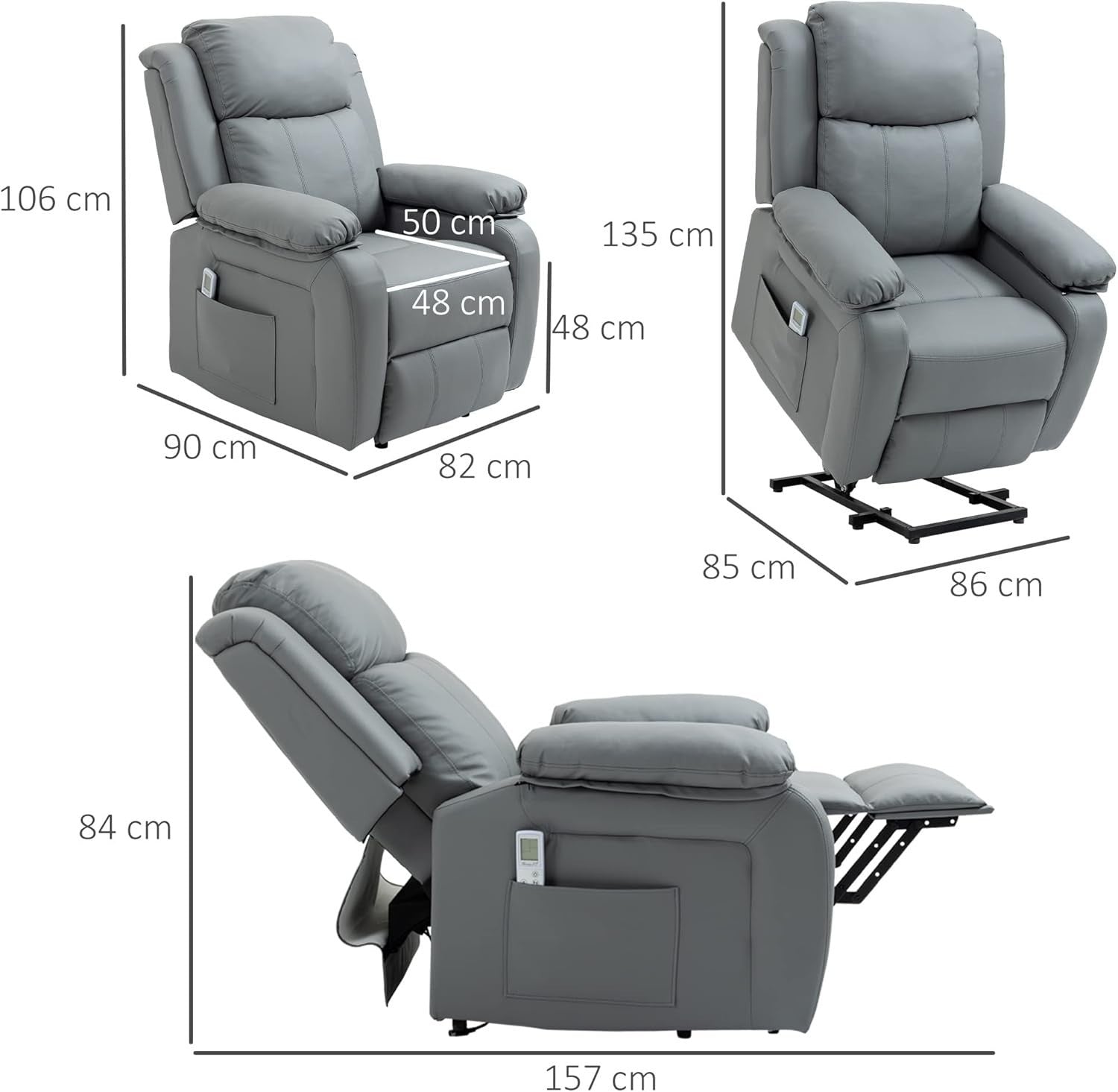 Power Lift Recliner Chair Massage Heat 160° Recline w/ Footrest Side Pockets