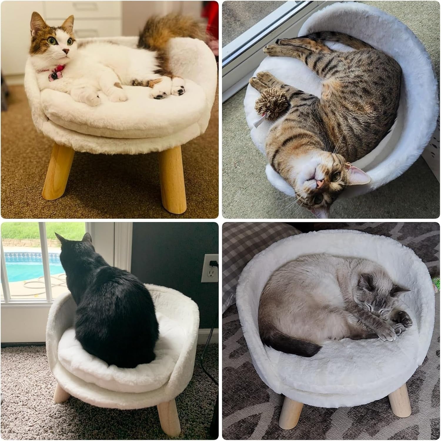Elevated Cat Sofa Chair Bed Plush Pet Stool w Wooden Legs 40cm