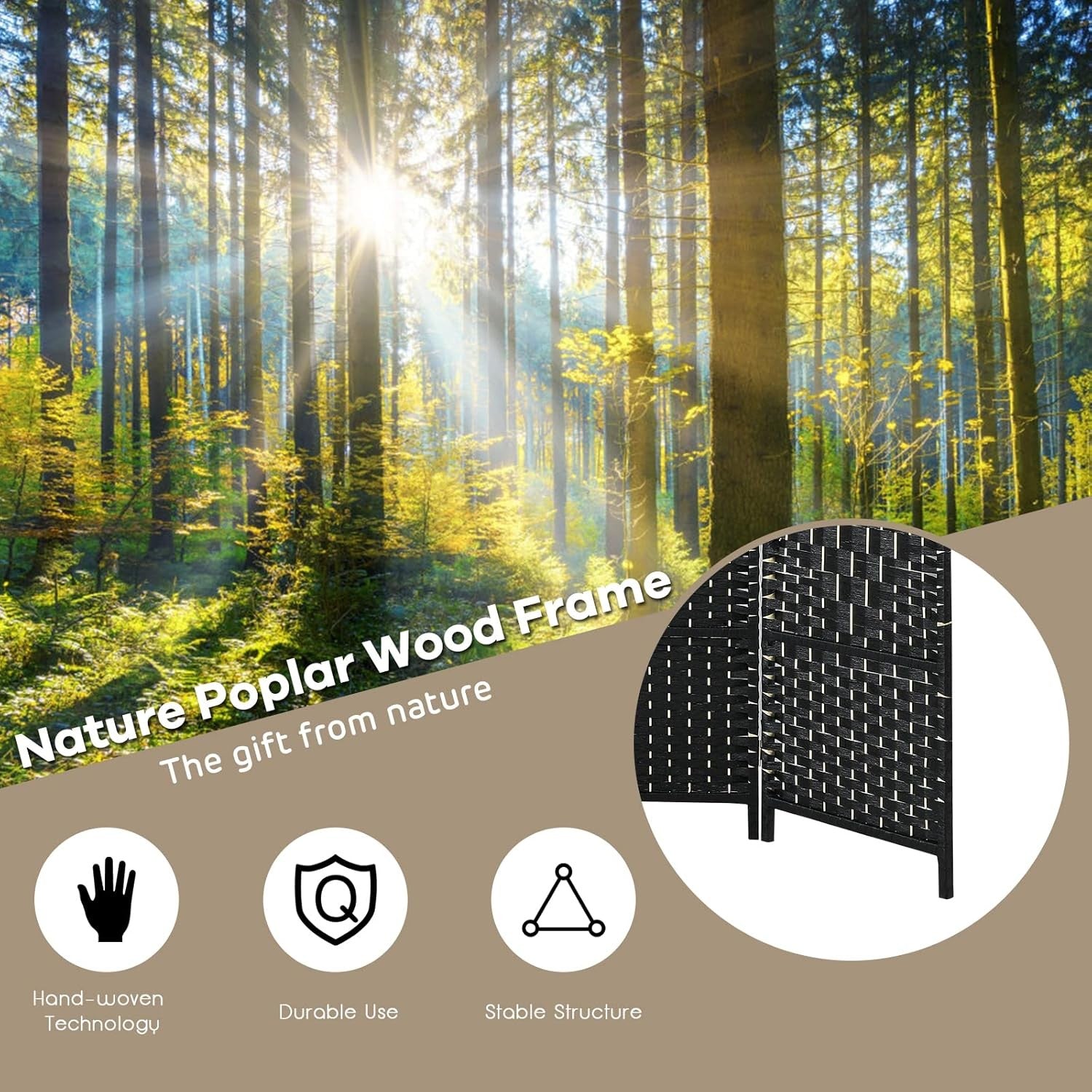 6 Panel Black Wicker Folding Room Divider Privacy Screen for Living Room Office