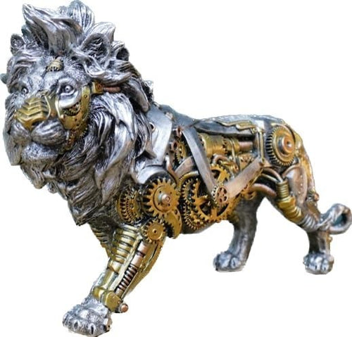 Steampunk Lion Ornament Resin Figurine Gold Silver Cogs Detail Home Decor Gift