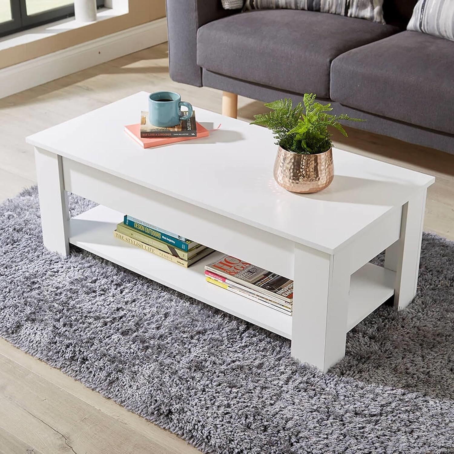 Lift Top Coffee Table White 100x50cm with Hidden Storage & Shelf Modern