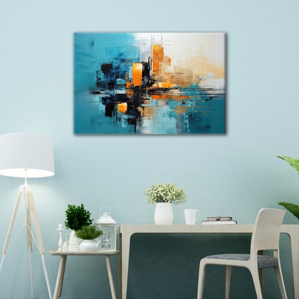 Blue Orange Abstract Canvas Wall Art 24x36in Framed