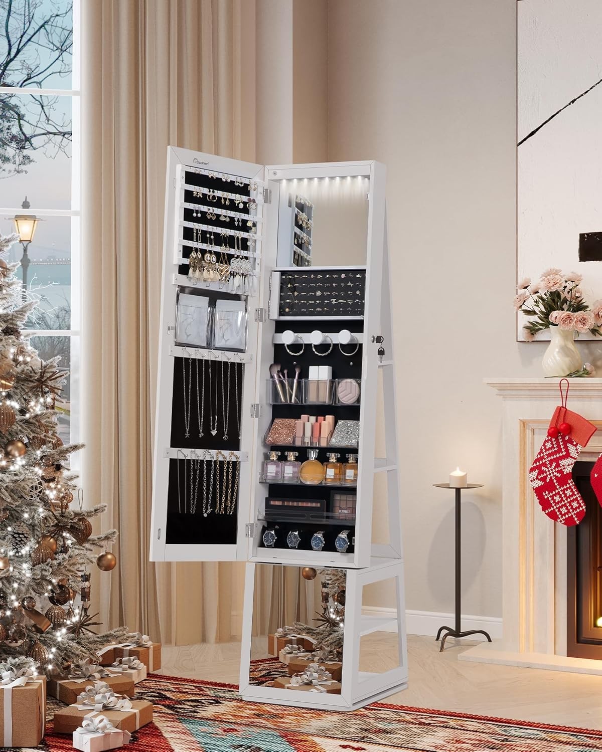 360° Rotating Mirror Jewelry Cabinet Lockable Full Length Storage