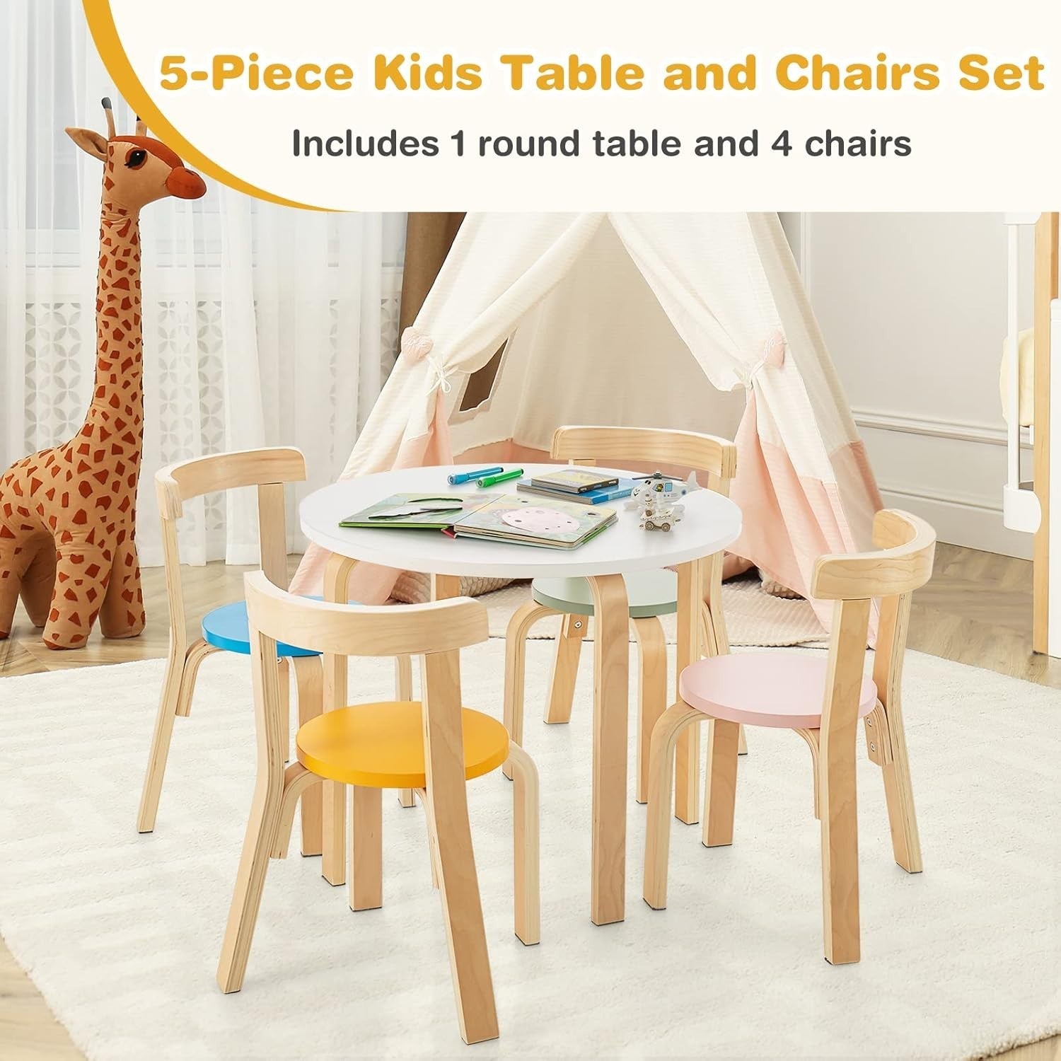 Kids 5-Piece Table & Chair Set, Wooden Activity Furniture for Play & Learning