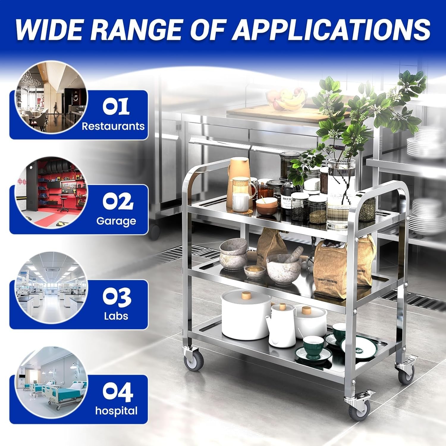 3 Tier Stainless Steel Kitchen Trolley Cart on Wheels Lockable Serving