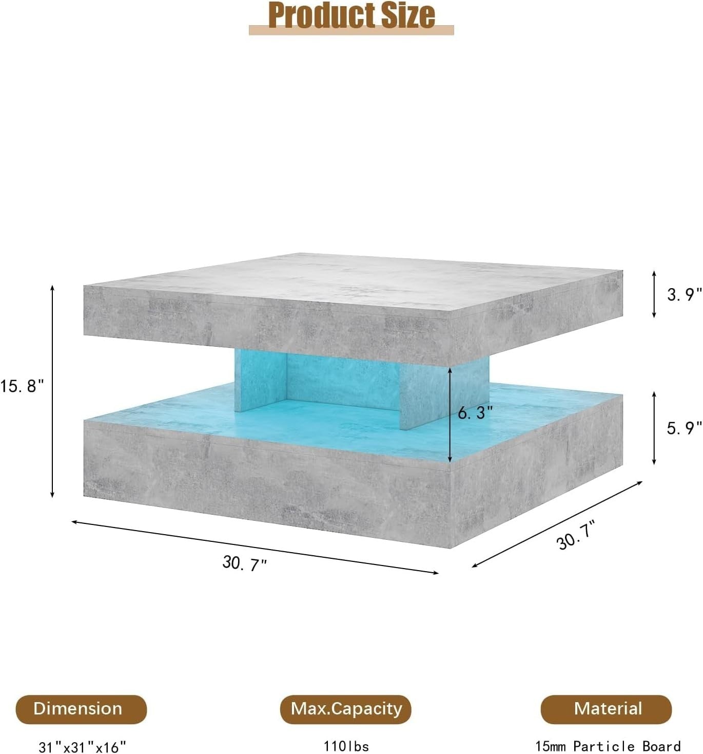 Grey Square LED Coffee Table with Storage, 2-Tier High Gloss 78x78cm