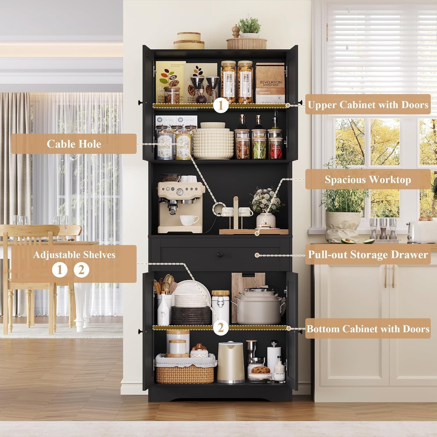 Black 180cm Tall Kitchen Cupboard 4-Door Pantry 1-Drawer Countertop