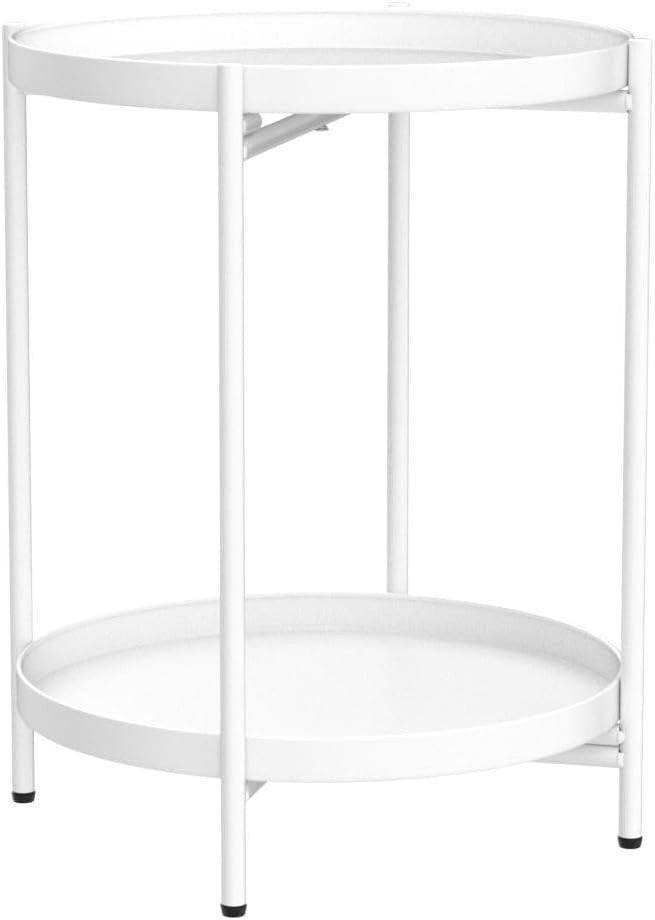 Small Round Metal Side Table 2-Tier Coffee Table Removable Tray White