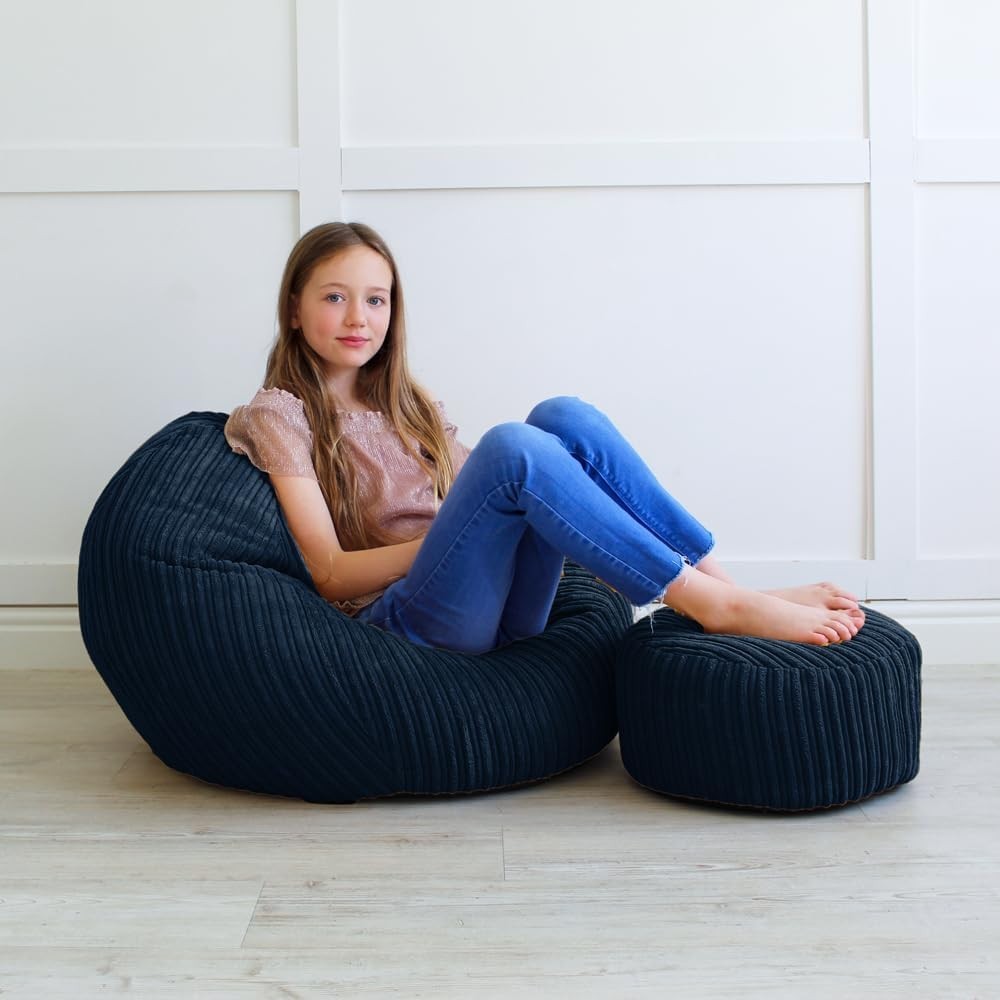 Kids Cord Bean Bag Chair - Soft Mini Slouch Seat, Navy, Washable, 60x80cm