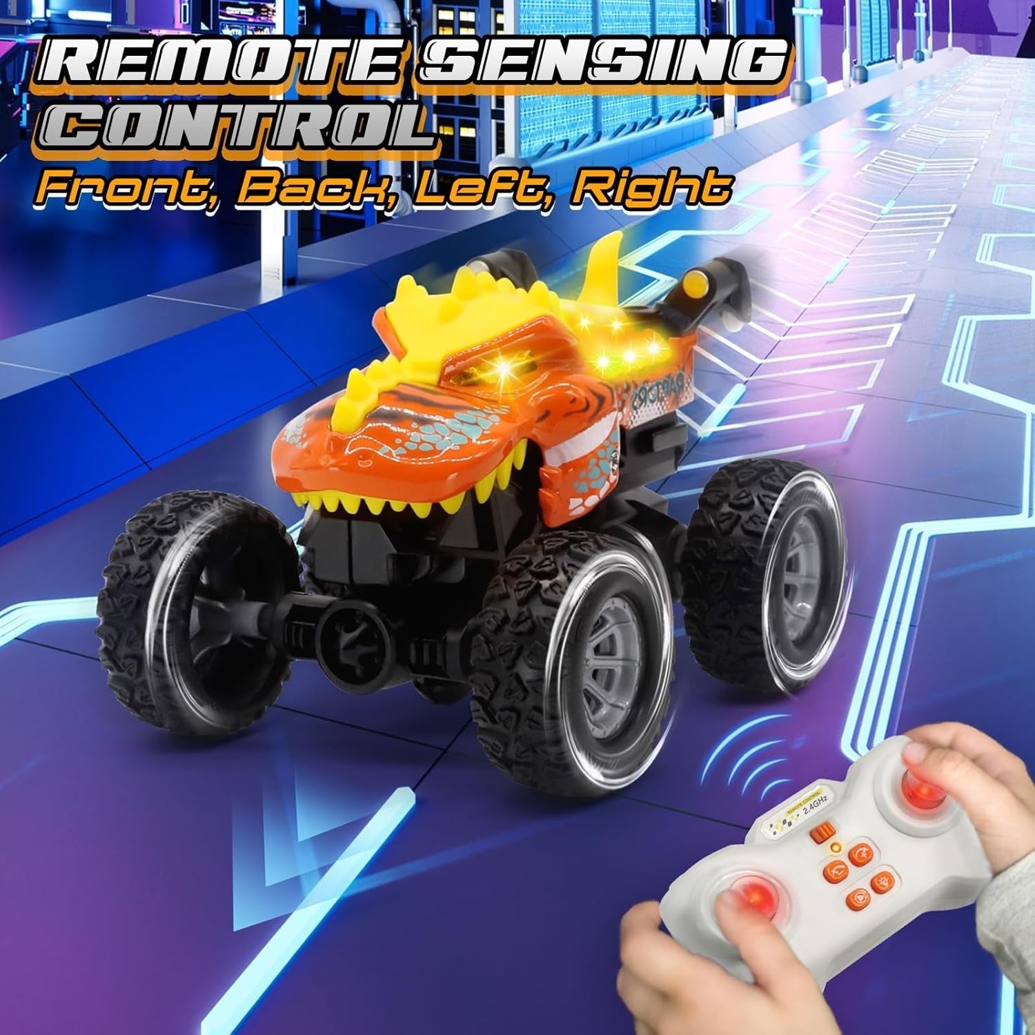 RC Car with LED Eyes – 2.4GHz Rechargeable Stunt Toy for Kids 6–12 (Orange)