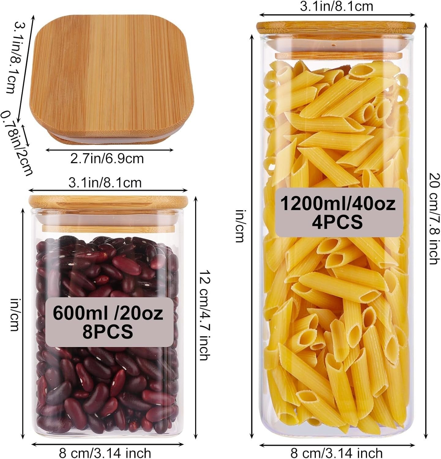 12 Pack Glass Storage Jars with Bamboo Lids Airtight Kitchen Canisters