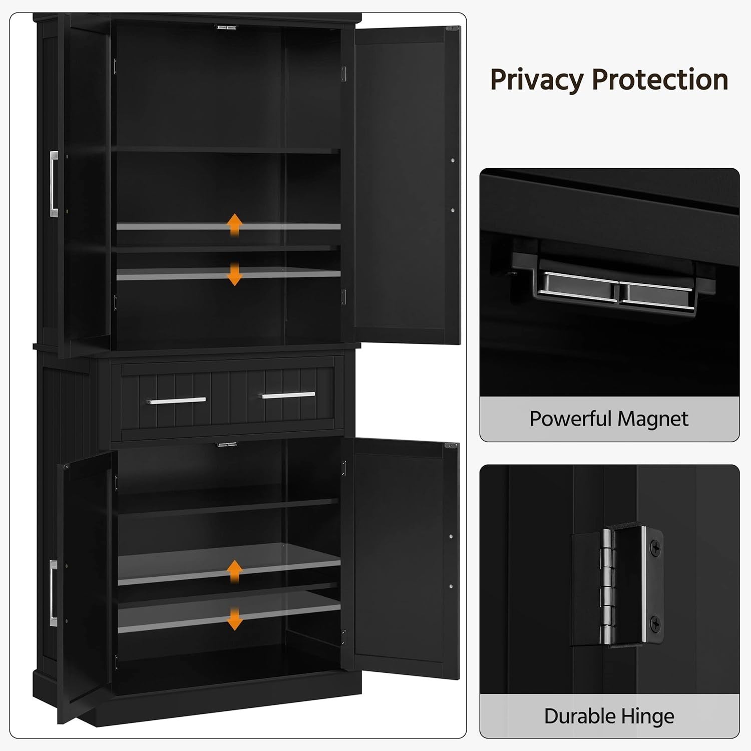 183.5cm Tall 4-Door Kitchen Cupboard 1-Drawer Adjustable Shelves Black