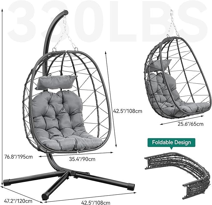 Luxury Rattan Egg Chair with Stand Outdoor Indoor Swing Seat Cushions 195cm