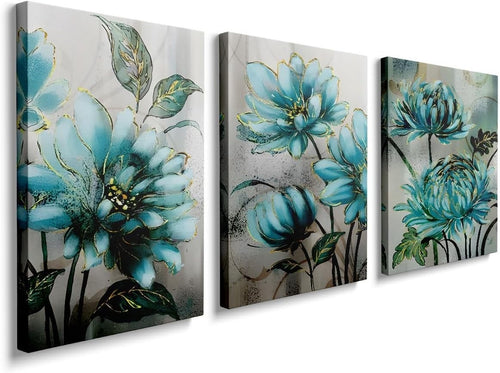 Framed Blue Floral Canvas Wall Art Set of 3 16x12 Modern Decor