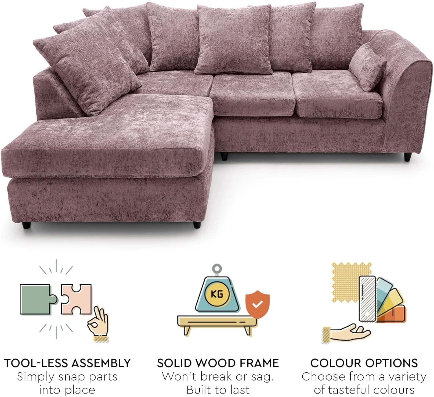 Modern Pink L-Shaped Corner Sofa 5-Seater Crushed Chenille Couch