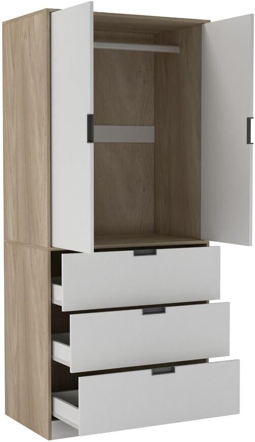 Modern 2 Door Wardrobe with 3 Drawers | Oak & White Bedroom Storage Unit
