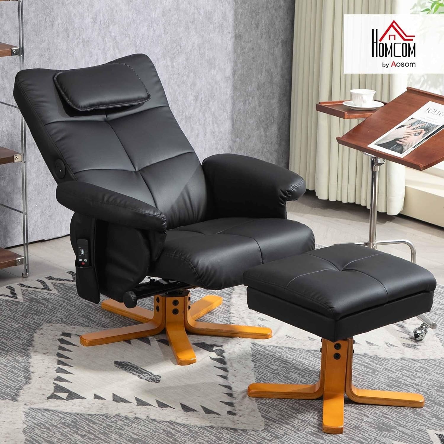 Massage Recliner Chair w/ Footstool USB Storage Faux Leather Armchair Black