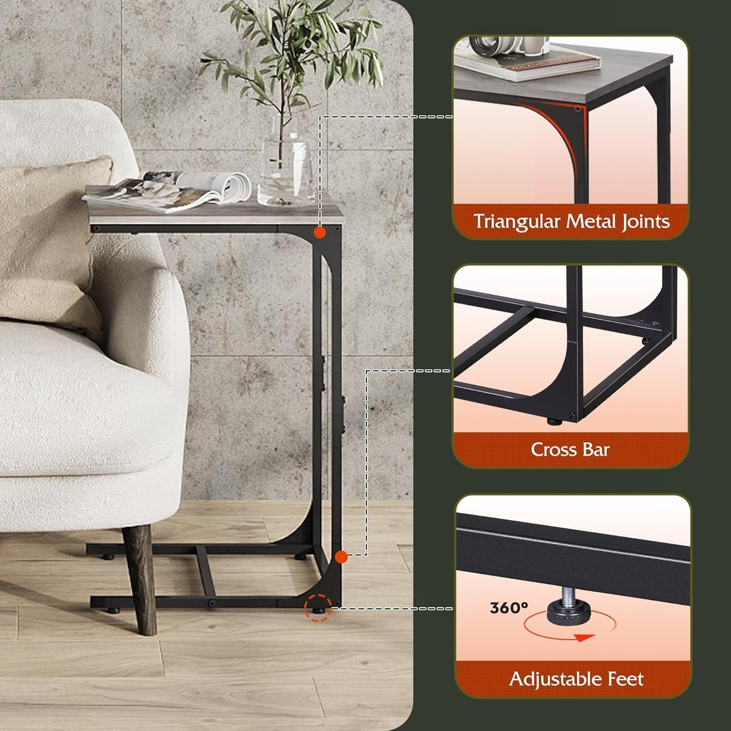 C Shape Side Table Oak Sofa Bed Small Desk End Table for Living Room & Bedroom
