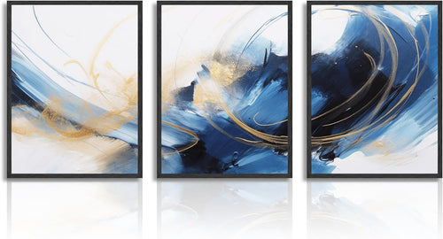 Abstract Blue Gold Wall Art Set Modern Canvas Prints Living Room Bedroom Decor