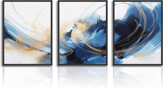 Abstract Blue Gold Wall Art Set Modern Canvas Prints Living Room Bedroom Decor